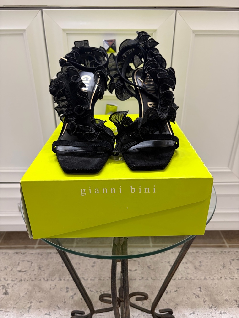 Gianni Bini Black Ruffle Heels Size 9.5M Statement Ankle Strap Sandals